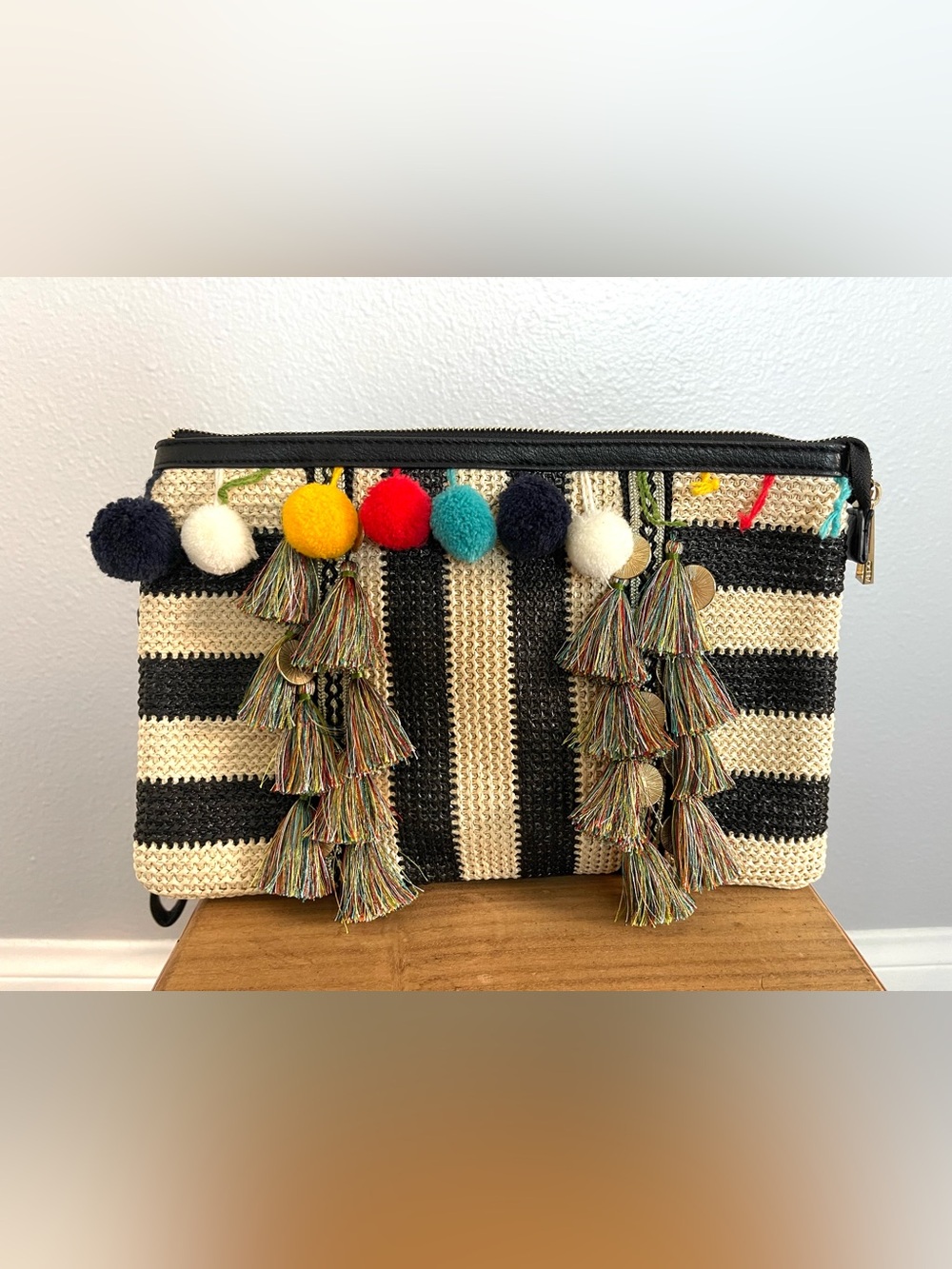 Aldo Black and Cream Striped Crochet Wristlet with Colorful Pom-Poms BNWOT